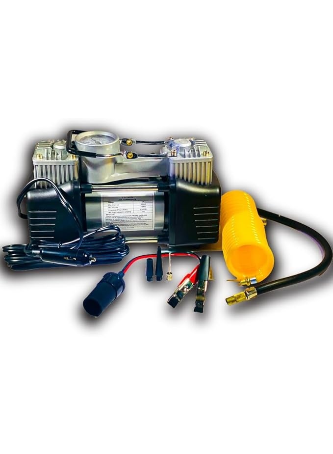 منفاخ هواء للسيارات 2 بستم شديد التحمل - كمبروسر محمول مزود بخرطوم ضغط به عداد قياس مدمج وطقم وصلات كامل